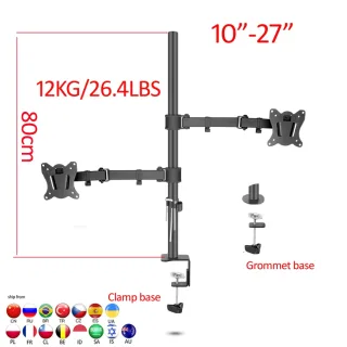 (80cm)-suporte de mesa para monitor duplo full motion, com braçadeira de 10-27 polegadas, base para furo de met, braço dobrável, 12kg