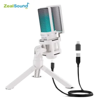 Zealsound USB Condensador Gravação Microfone Branco RGB Streaming Mic Para PC e Mac com Android Phone Adaptador Headphone Saída