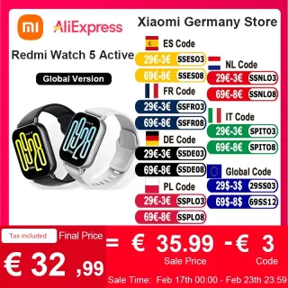 Xiaomi-Redmi Watch 5 Active Smartwatch, Versão Global, Display LCD de 2 ", Chamada Bluetooth, Mais de 140 Modos Esportivos, Bateria 470mAh