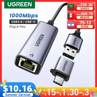UGREEN USB Ethernet Adaptador USB3.0/USB2.0 1000Mbps/100Mbps USB RJ45 Cartão de rede para notebook PC Xiaomi Mi Box Nintendo Switch Lenovo DELL HP Macbook Mac OS Windows Linux Gigabit Internet Adapter USB Lan