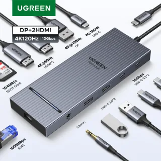 UGREEN USB HUB 4K120Hz DP Tipo-C para 4K60Hz 2xHDMI SD/TF RJ45 3,5 mm USB3.2 Gen2 10 Gbps de dados para laptop Dell HP Lenovo Acessórios