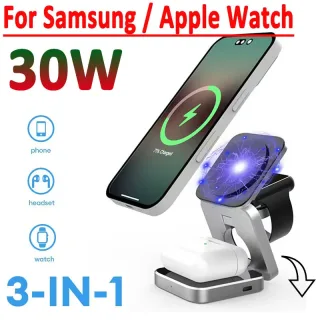 Carregador sem fio magnético Stand Pad, Estação de carregamento rápido, Samsung, Apple, Relógio, ipone 14, 13, 12 Pro Max, Airpods, 30W, 3 em 1
