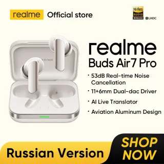Realme Buds Air 7 Pro TWS Fone de ouvido AI Tradutor ao vivo 53dB Cancelamento de ruído Efeito espacial 3D 11 + 6mm Driver Dual-dac LHDC 5.0