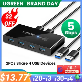 Ugreen usb kvm switch usb 3.0 2.0 switcher kvm switch para windows10 pc teclado mouse impressora 2 pcs compartilhando 4 dispositivos usb interruptor