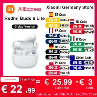 Versão global Xiaomi Redmi Buds 6 Lite Fone de ouvido Bluetooth 5.3 Atualização de design Otimizado conforto intra-auricular