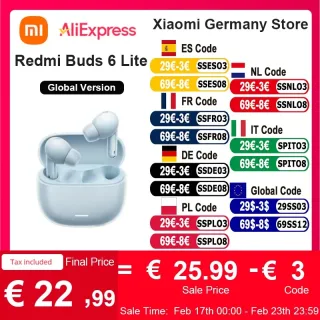 Xiaomi-Redmi Buds 6 Lite, Versão Global, Bluetooth 5.3, Design Otimizado, In-Ear, Confortável, Upgrade