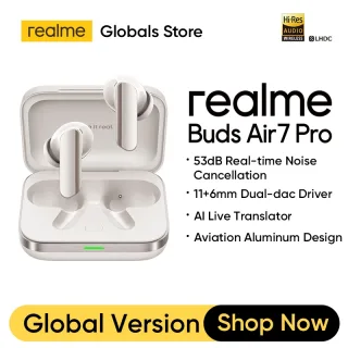 Realme Buds Air7 Pro TWS Fone de ouvido AI Tradutor ao vivo 53dB Cancelamento de ruído Efeito espacial 3D 11 + 6mm Driver Dual-dac LHDC 5.0