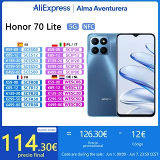 Honor 70 Lite Smartphones, NFC, Qualcomm Snapdragon, 480 Plus, Câmera Tripla de 50 MP, 5000 mAh, 5G, Versão Global