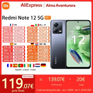 Xiaomi - Redmi Note 12 Smartphone 5G, NFC,6GO, 128go, FHD +, 120Hz®Carga rápida Edição Global 4, 33W, 5000 mAh