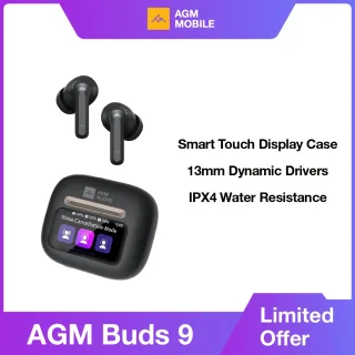AGM BUDS 9 Preto com Capa de Tela LED, 25dB ANC, Bluetooth 5.4, EQ e Encontre Minhas Fones de Ouvido, Controle Full Touch