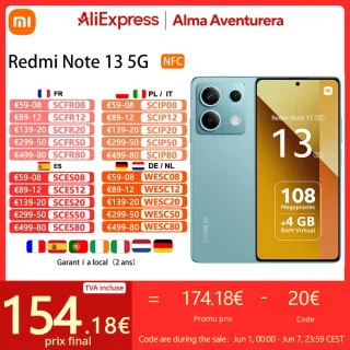 Xiaomi Redmi Note 13 5G,Smart Phones,NFC,MediaTek Dimensity 6080,6.67" AMOLED Screen, 120HZ, 33W Fast Charge, 108MP Camera, Versão Global