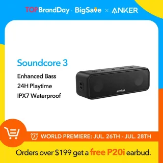 Soundcore by Anker, Soundcore 3 caixa de som bluetooth com som estéreo, drivers de diafragma de titânio puro, tecnologia PartyCast, BassUp, 24 horas de som sem recarregar