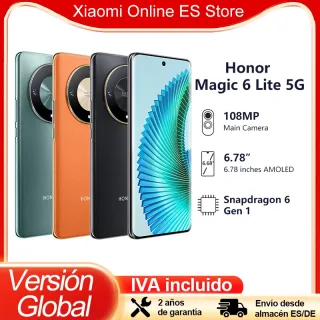 HONOR-Smartphone Versão Global com Tela AMOLED, Magic 6 Lite, 5G, Câmera 108MP, Snapdragon, Gen 1, Bateria 5300mAh, 6,78''