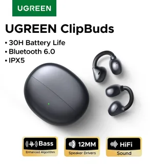 UGREEN ClipBuds Fones de ouvido sem fio de orelha aberta Bluetooth 6.0 com 4 microfones de chamada clara, fones de ouvido com clipe em 30 horas de reprodução