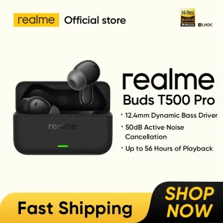 Fones de ouvido realme Buds T500 Pro TWS com cancelamento de ruído de 50dB, até 56 horas de reprodução, Bluetooth 6.1, IP55, driver de graves de 12.4mm
