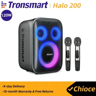 Tronsmart-Alto-falante Halo 200 com 2 microfones, sistema de som de 3 vias, microfone embutido, microfone com fio, entrada de guitarra, controle APP para festa