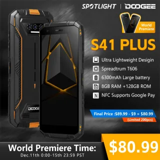 DOOGEE-S41 PLUS Telefone Robusto, Bateria Robusta, Câmera Android 13MP, NFC, Android 13, 4GB, 128GB, 6300mAh, 5.5 "IPS Display, Estreia Mundial