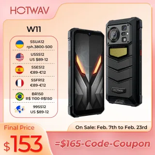 HOTWAV W11 Telefone robusto 6.6 '' FHD + 64MP + 24MP (Noite) Câmera de visão Smartphone 20800mAh 12GB RAM + 256GB ROM Carregando Celulares