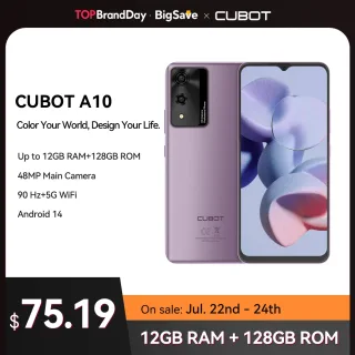 Smartphone Android Cubot A10, 12GB de RAM (4GB + 8GB estendidos), 128GB de ROM (suporte até 1TB estendido), Octa-core, tela de 6,56 polegadas de 90 Hz, 5100 mAh, 48 MP, 5G WiFi, Android 14, 4G celular
