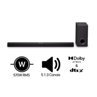 Soundbar LG S90TY – 570W RMS, Dolby Atmos, 5.1.3 Canais, DTS:X, AI Room Calibration Pro, AI Sound Pro, Sem fios, WOW Orchestra, Conexões Múltiplas - S90TY